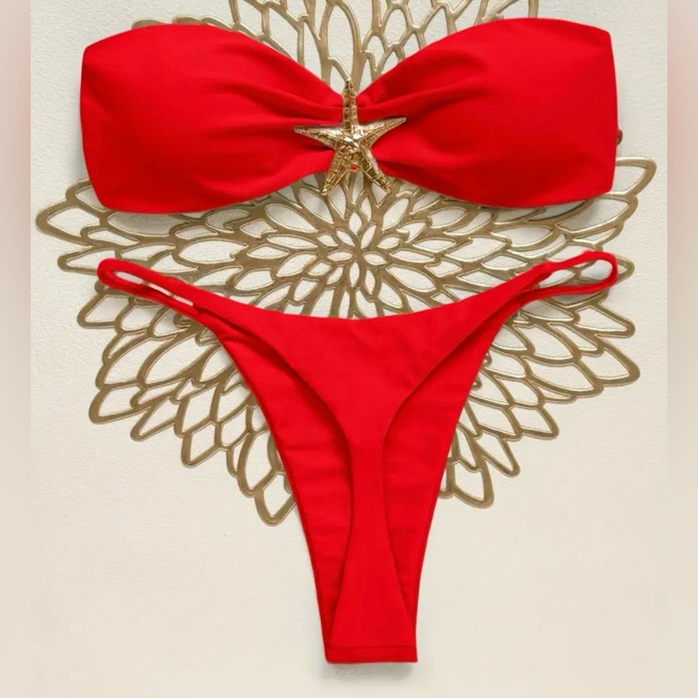Vibrant Red Bandeau with Gold Starfish Accent Thong Bikini Set - NWOT